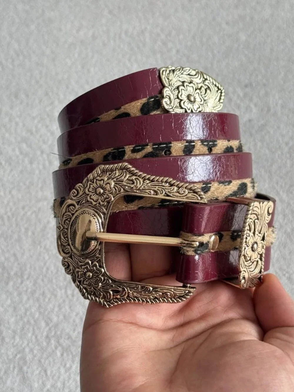 Burgundy Leopard Print Western Statement Belt